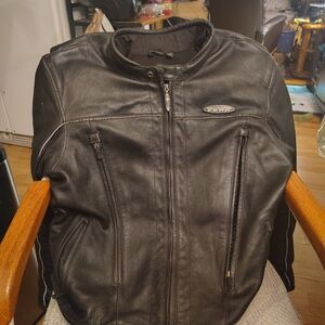 Harley-Davidson Black Leather Jacket with Reflective Pinstripe Accents.